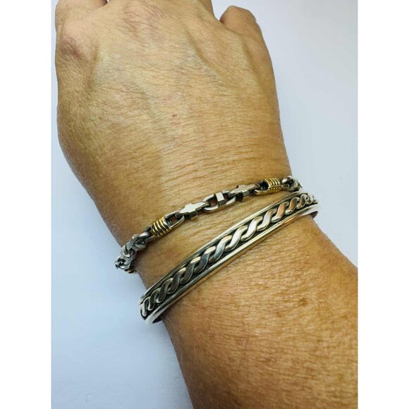 Estate Sterling Silver 925 Cuff Bangle Bracelet Rope Chain Design 6" Wrist 26.5g - Picture 8 of 11